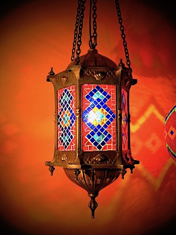 Vintage Turkish hanfing lamp with glass mosaic panes